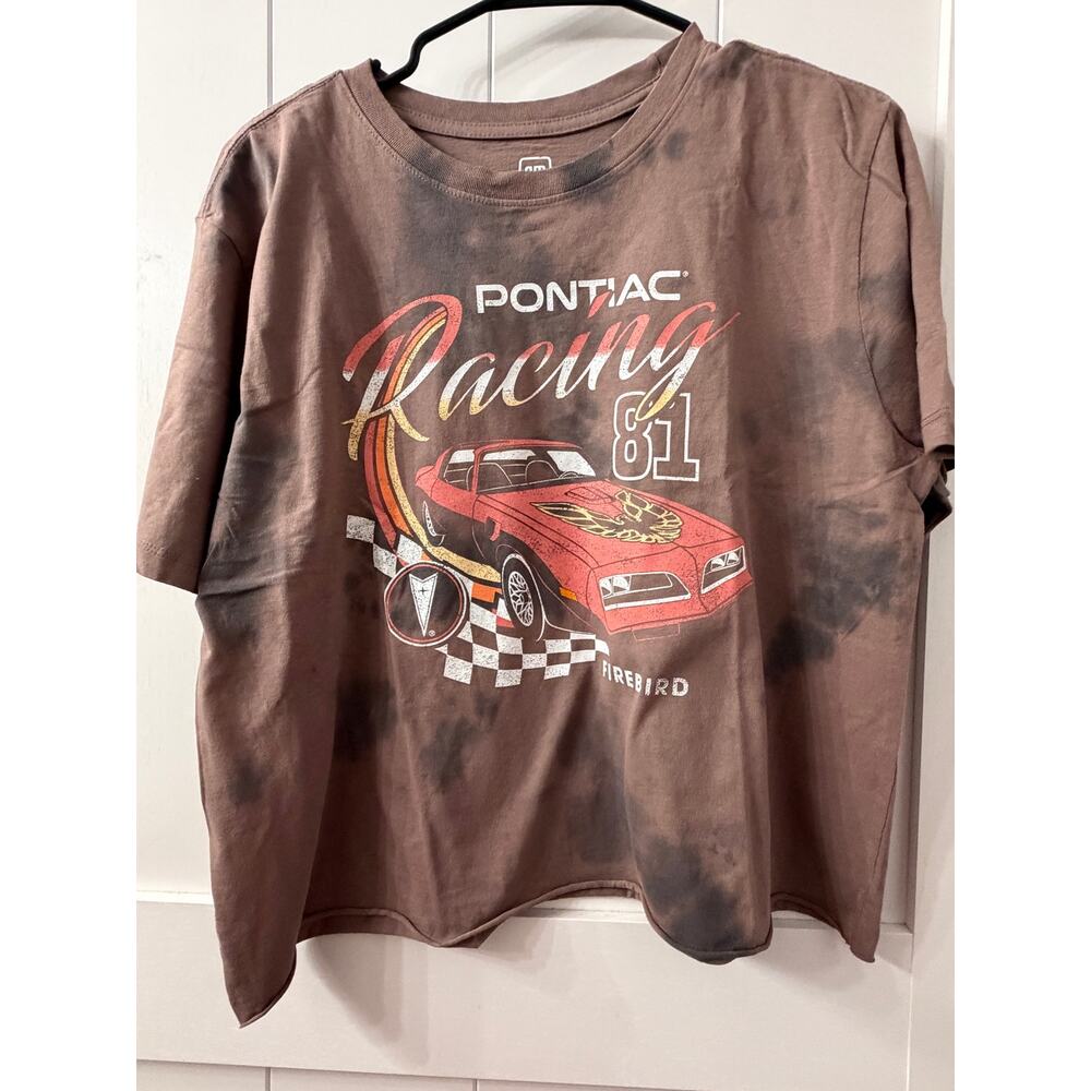 GM Pontiac Racing Firebird cropped t-shirt with brown mineral wash sz XL NWOT